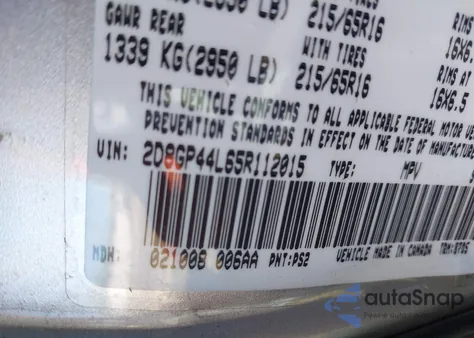 2005 Dodge Grand Caravan Sxt из США, поврежденный, VIN 2D8GP44L65R112015